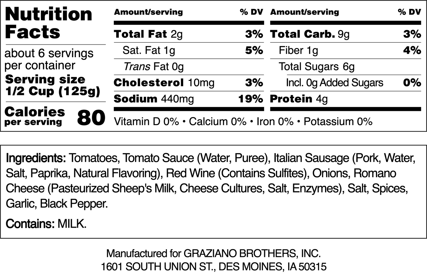 Graziano Bros. Calabrian-Style Pasta Sauce with Italian Sausage